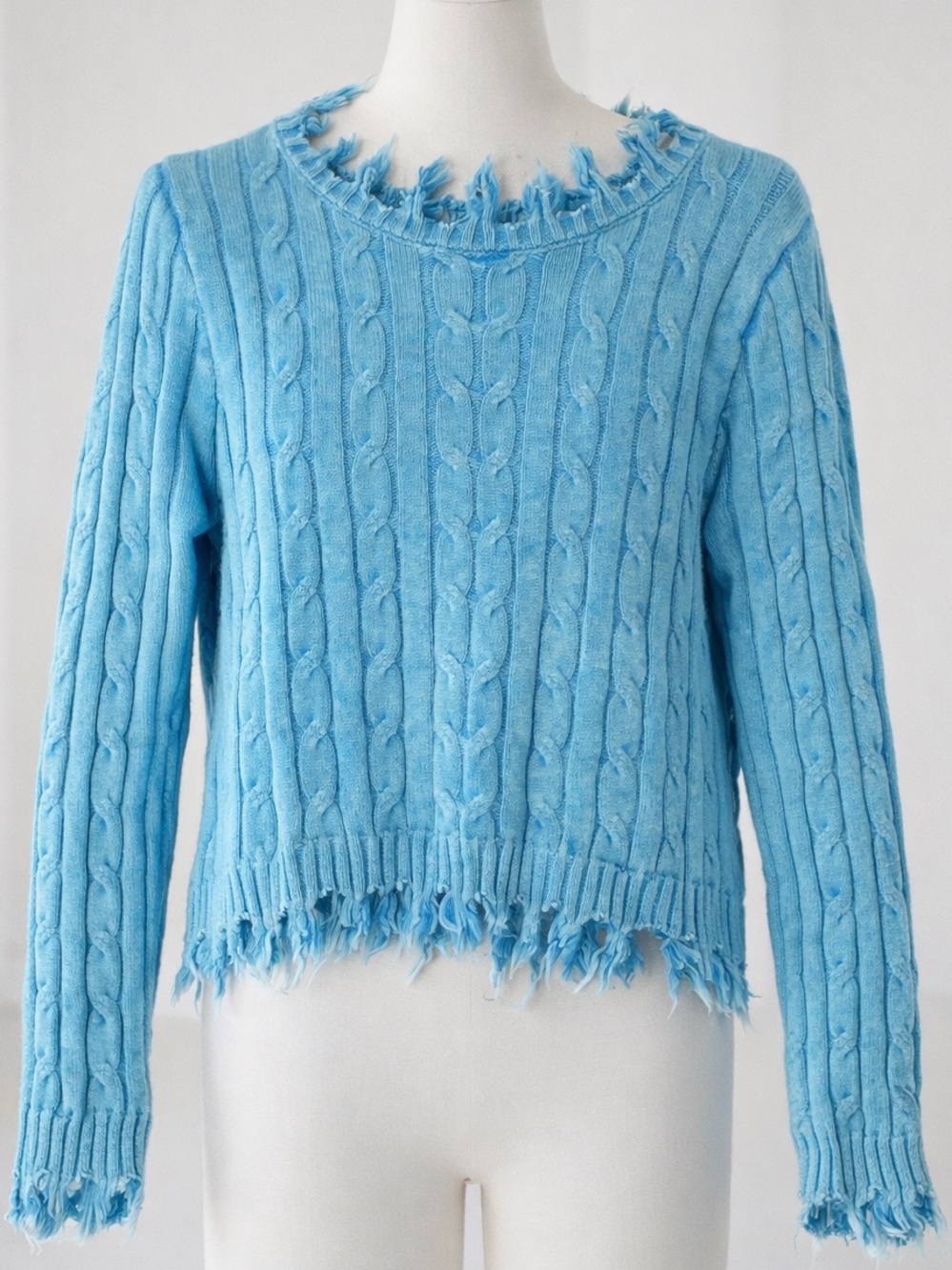 Zenana Outfitters Distressed Blue Cable Knit Fall School Cozy Cotton Sweater S
